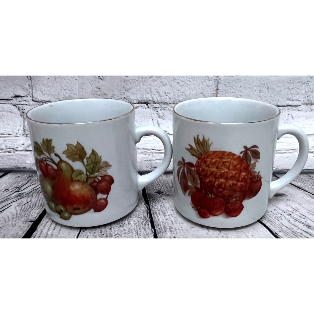 Set of 2 Bareuther Waldsassen Bavaria Fruit Mugs Gold Trim-EUC